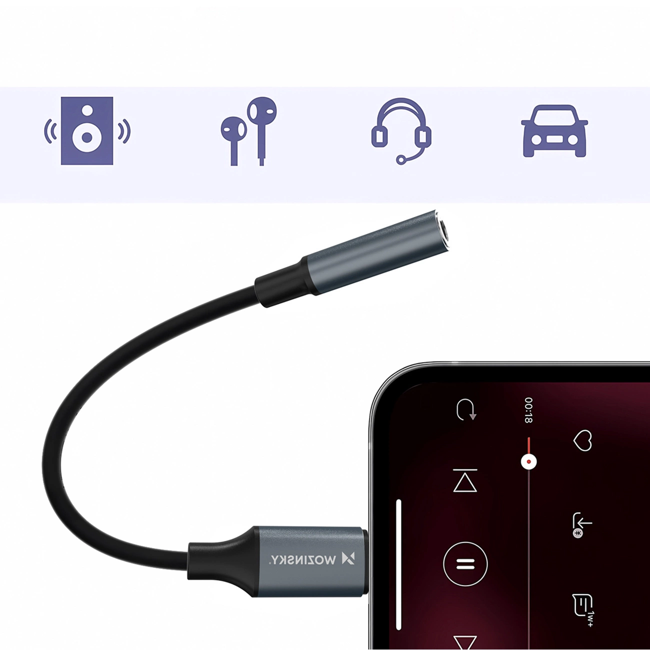 Un cavo audio nero si collega a uno smartphone, con icone di altoparlanti, auricolari, cuffie e auto in alto.