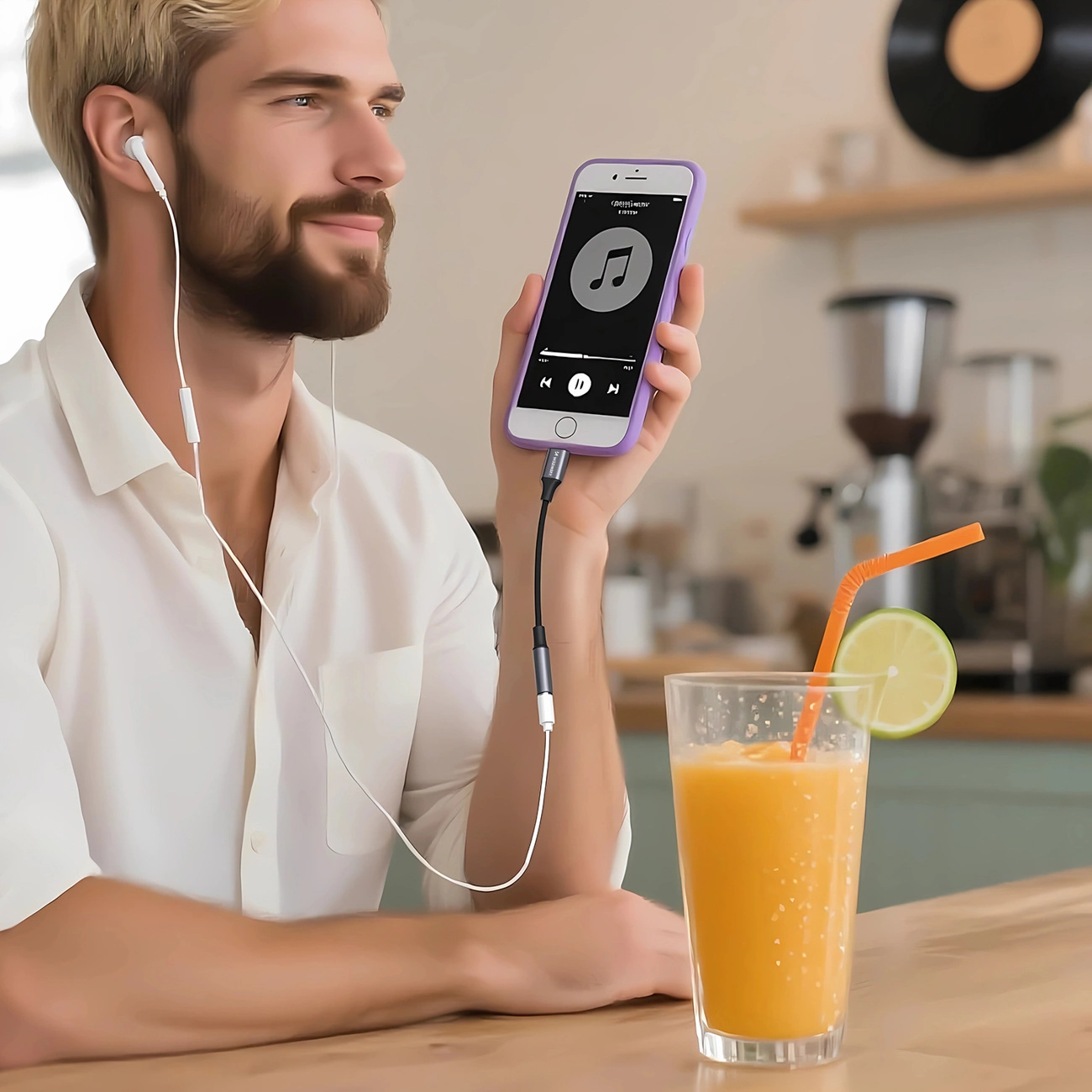 Un uomo con le cuffie tiene un telefono con musica, vicino a un succo d'arancia.