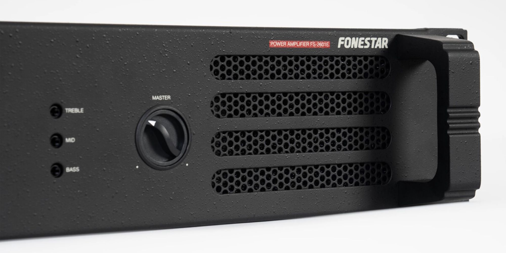 Czarny wzmacniacz mocy Fonestar FS-2601E z pokrętłem master, tonami wysokimi, średnimi, niskimi i uchwytem.