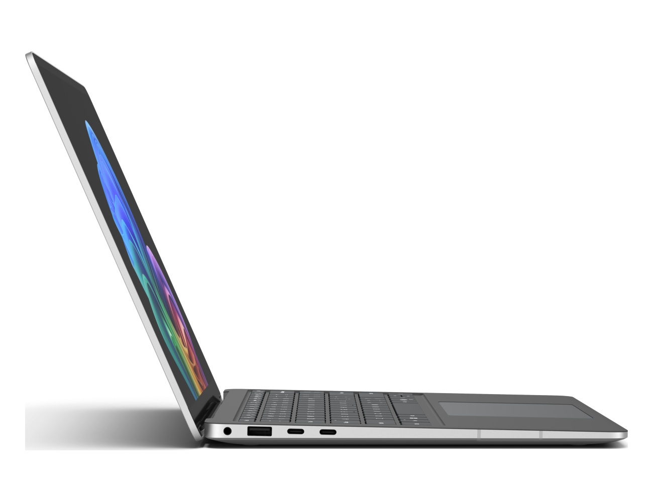 Vista laterale di un computer portatile argentato con schermo aperto su sfondo bianco.
