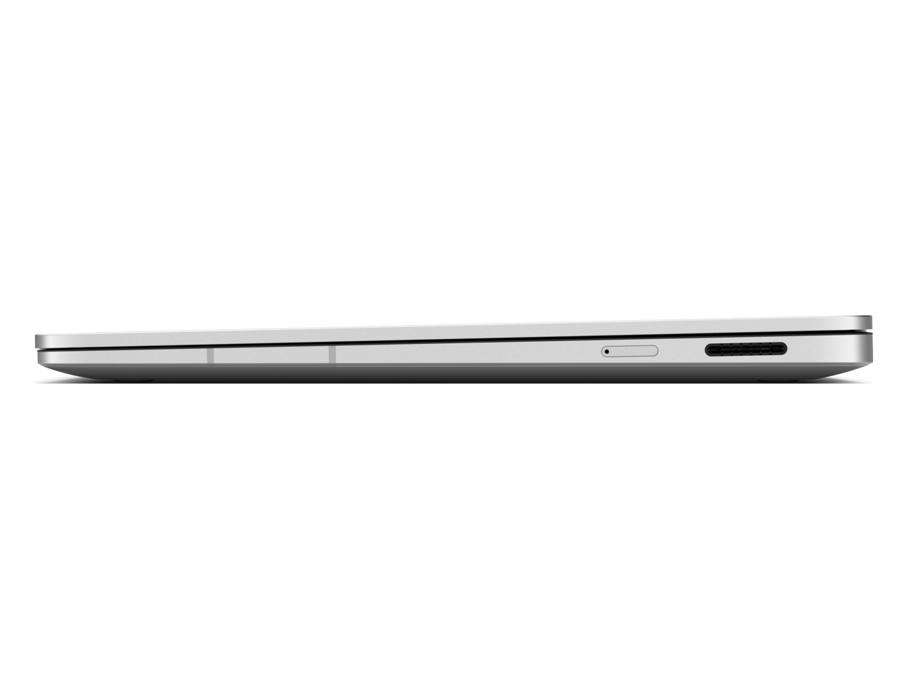 Vista laterale di un laptop argento con una porta USB-C e un carrellino per SIM su sfondo bianco.