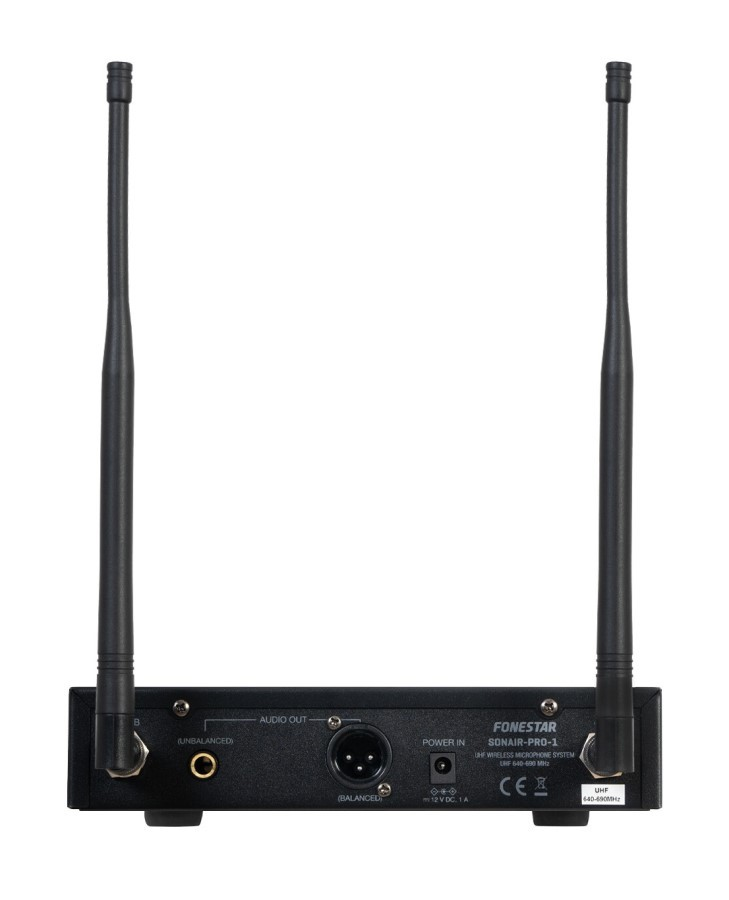 Widok z tyłu bezprzewodowego systemu mikrofonowego Fonestar Sonair-Pro-1 z dwiema antenami i gniazdami.
