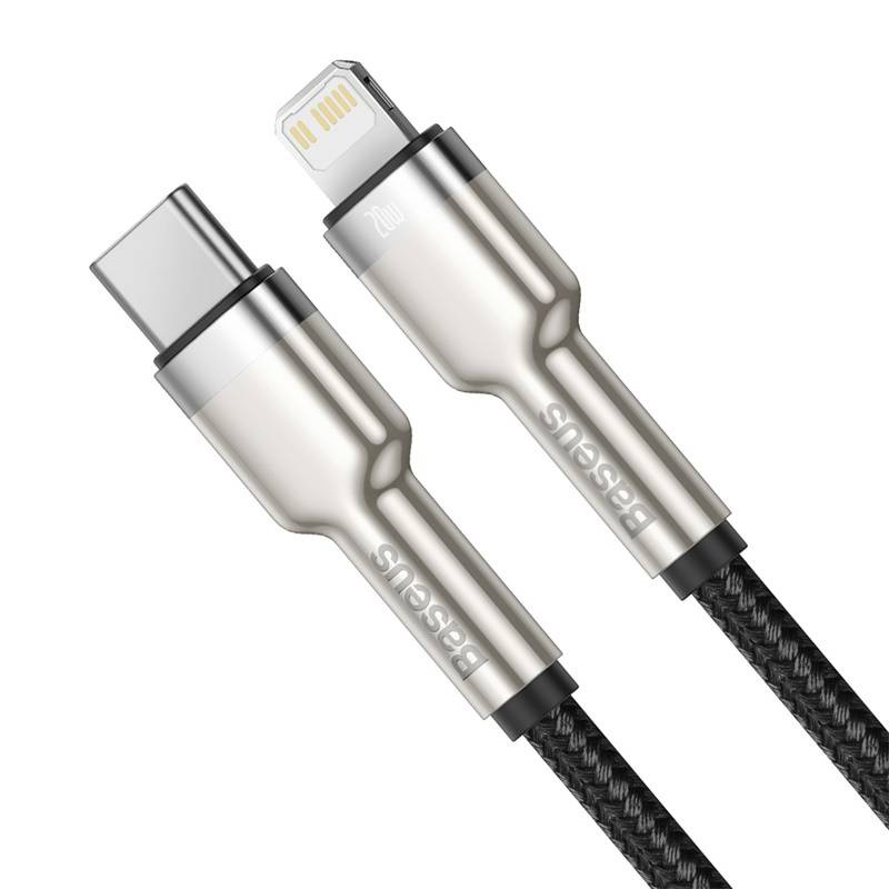Un cavo intrecciato nero Baseus con connettori USB-C e Lightning su sfondo bianco.