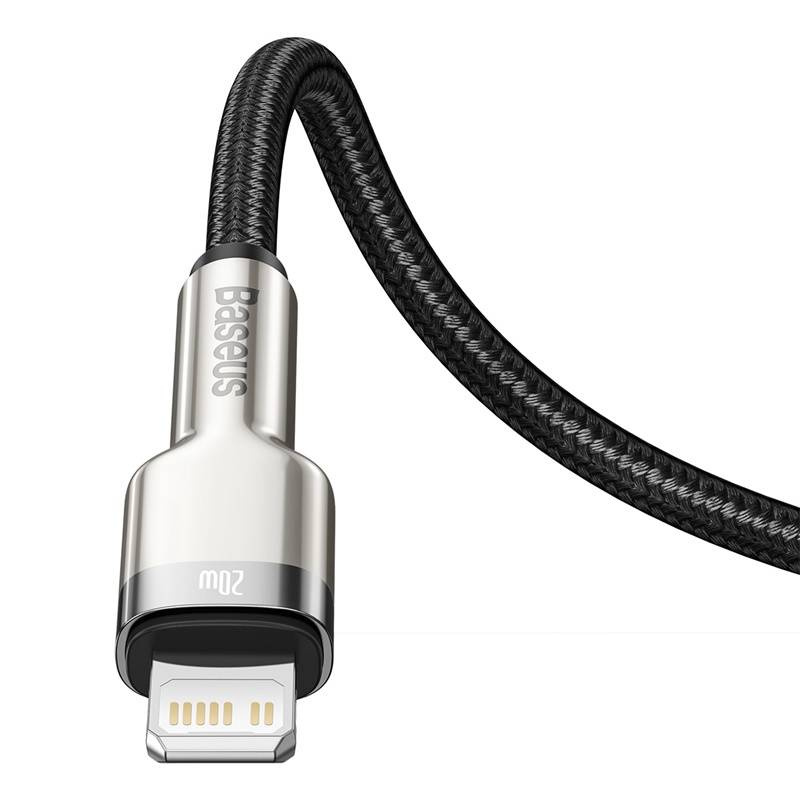 Un cavo USB-C intrecciato nero Baseus con un connettore argentato e la scritta 20W.