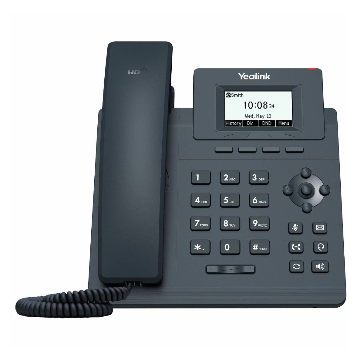 Beyaz arka planda ekranlı, tuş takımlı ve ahizeli siyah bir Yealink IP masa telefonu.