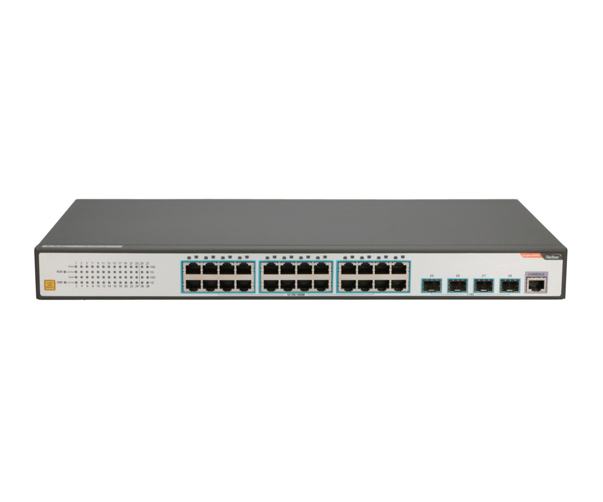 Szary przełącznik sieciowy z wieloma portami Ethernet i diodami LED na panelu przednim.