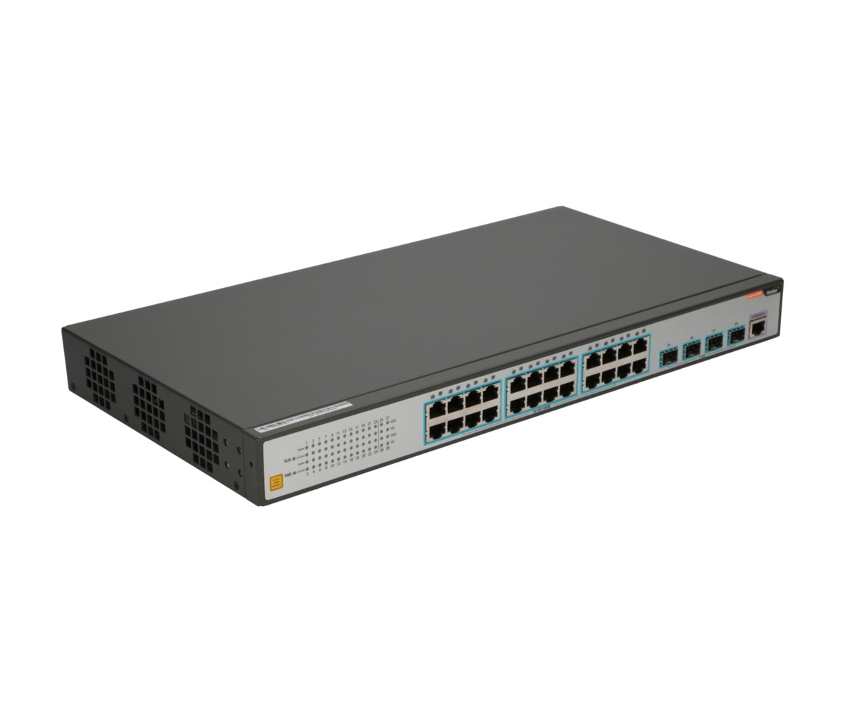 Czarny przełącznik sieciowy z wieloma portami ethernet i diodami LED na białym tle.