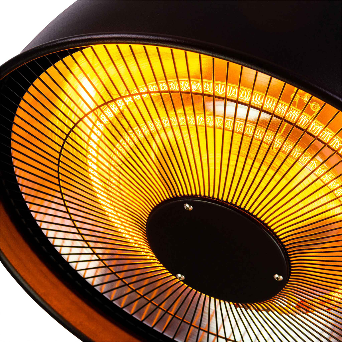 Ein runder, schwarzer Infrarotstrahler mit leuchtend gelbem und orangem Licht hinter einem Metallgitter.