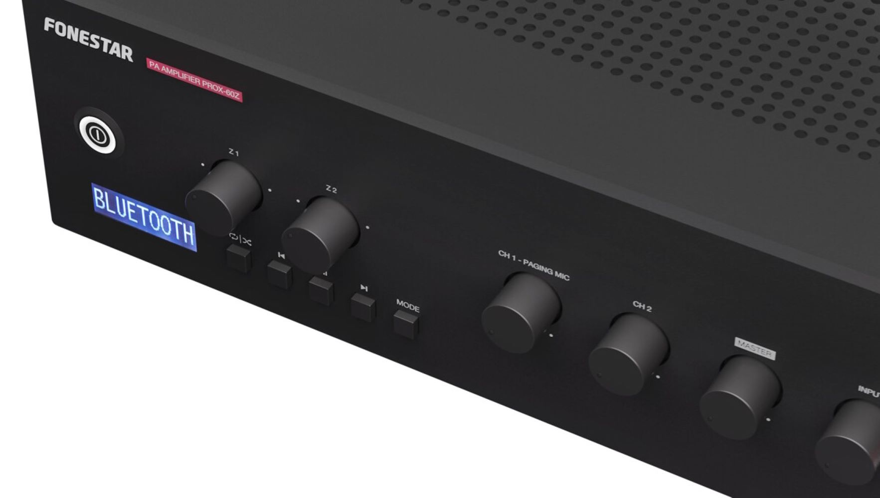 Zbliżenie czarnego wzmacniacza Fonestar PA z pokrętłami, przyciskami i niebieskim wyświetlaczem Bluetooth.