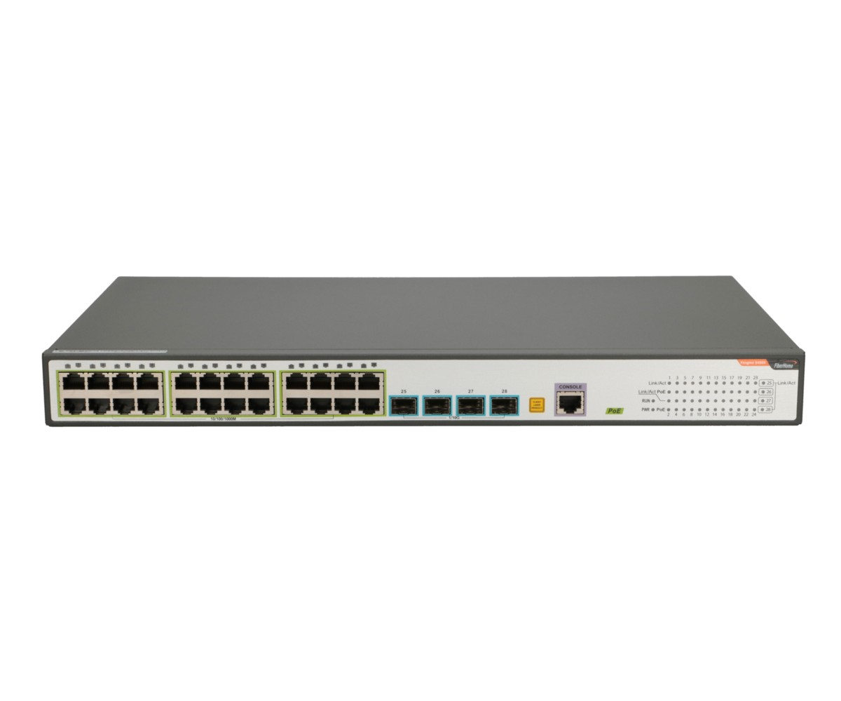 Szary przełącznik sieciowy z wieloma portami Ethernet i SFP oraz diodami LED stanu na przednim panelu.