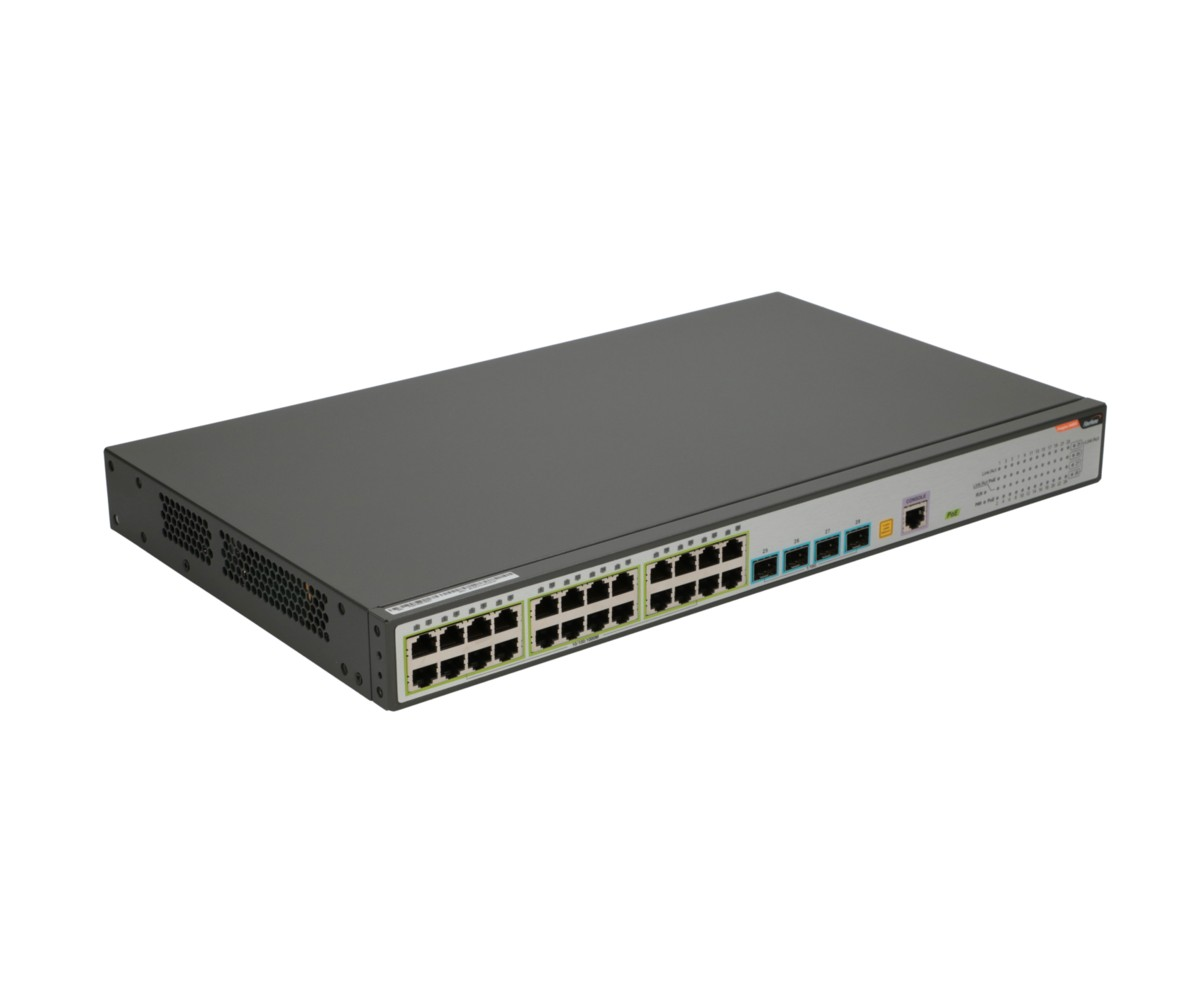 Czarny przełącznik sieciowy z wieloma portami Ethernet na panelu przednim na białym tle.