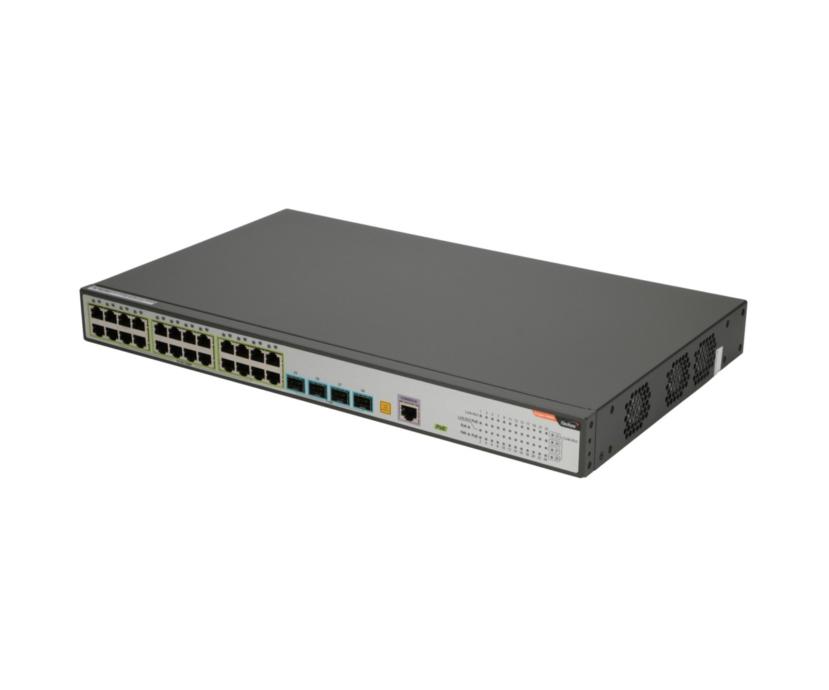 Czarny przełącznik sieciowy do szafy serwerowej z wieloma portami ethernet, kontrolkami i portem konsoli.