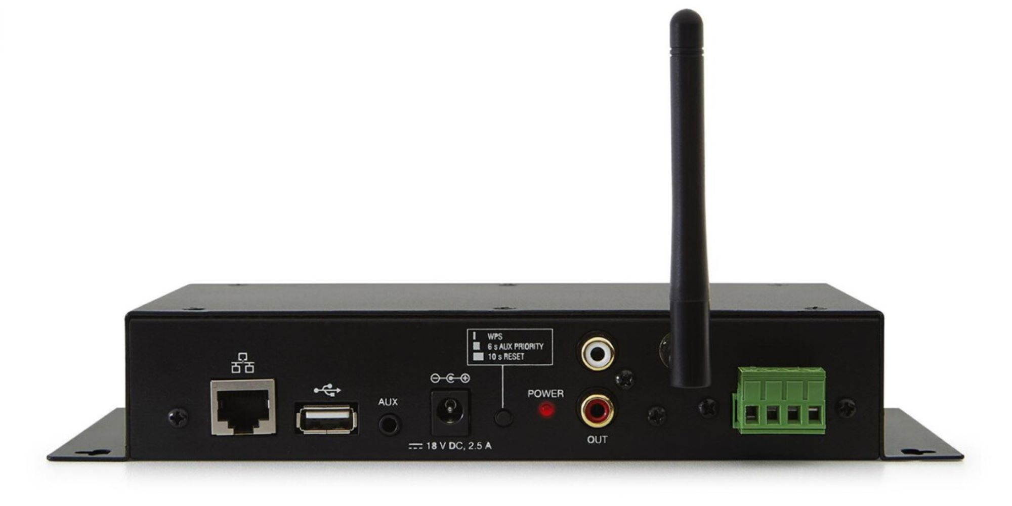 Tylny panel czarnego wzmacniacza audio z gniazdami Ethernet, USB, AUX, zasilania, anteną i zaciskami.