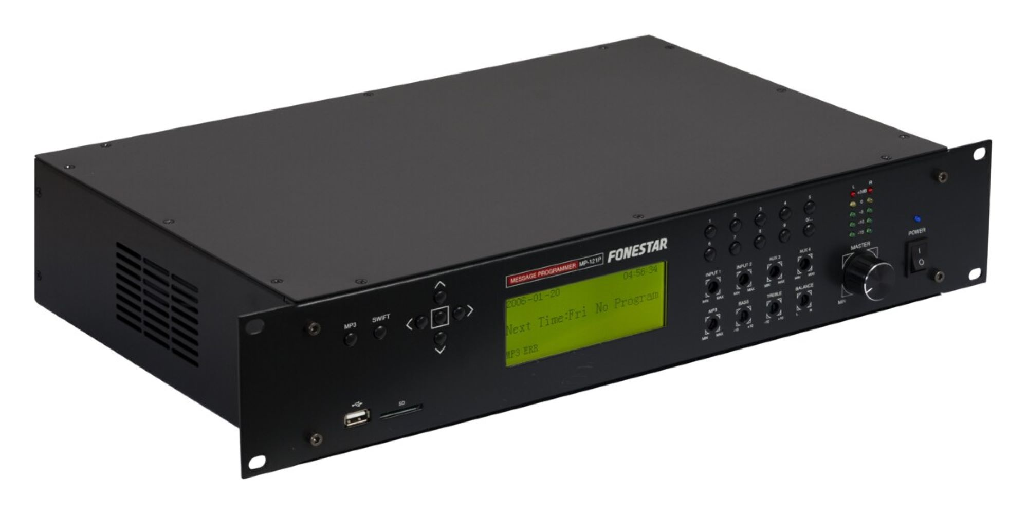 Czarne urządzenie audio Fonestar MP-121P z wyświetlaczem, przyciskami oraz portami USB i SD.