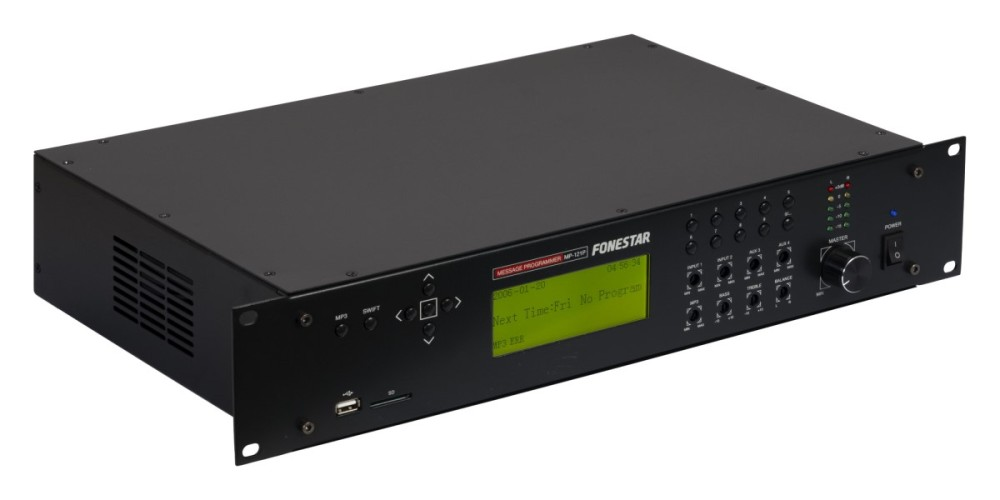 Czarny wzmacniacz audio Fonestar z ekranem LCD, przyciskami sterującymi i portem USB na panelu przednim.
