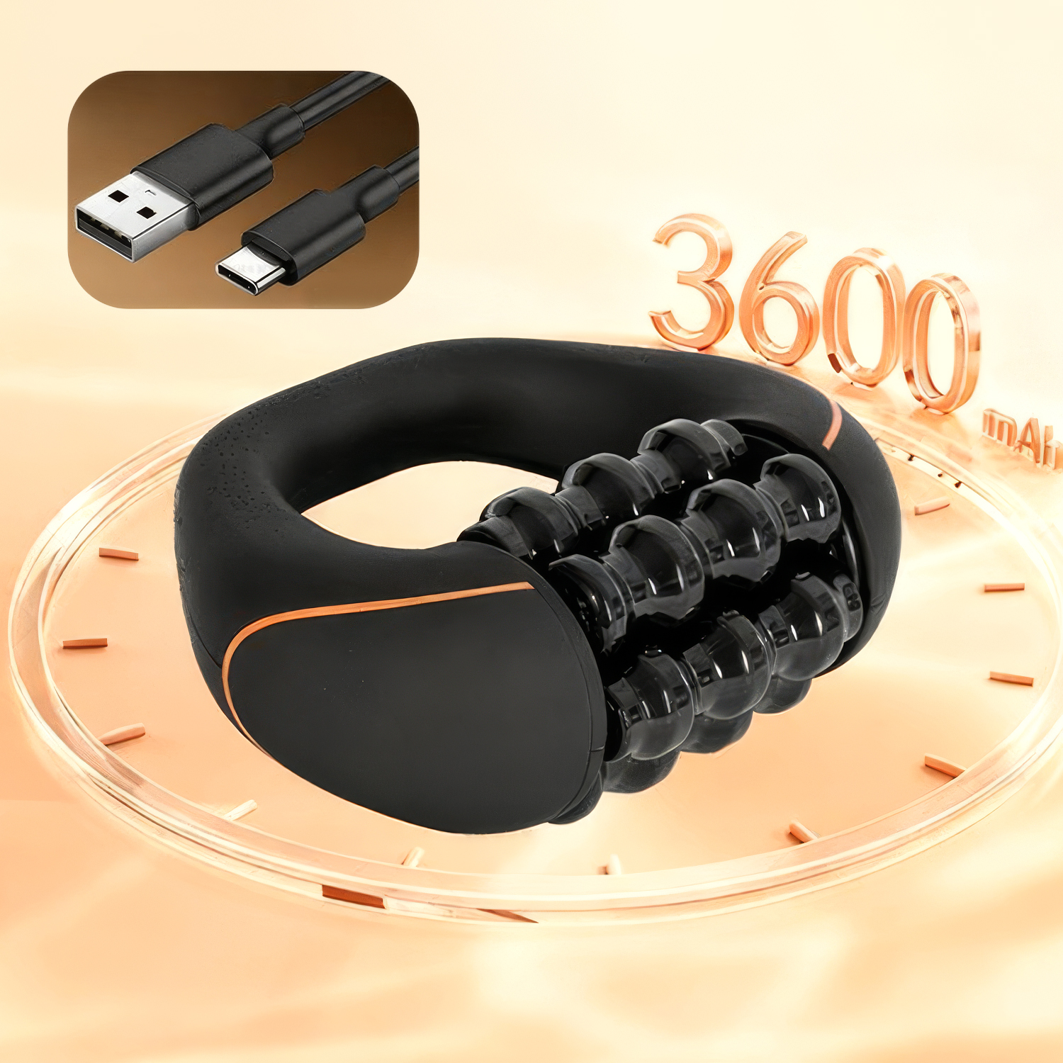 Un masajeador manual negro con bolas rodantes y un cable de carga USB sobre fondo naranja.