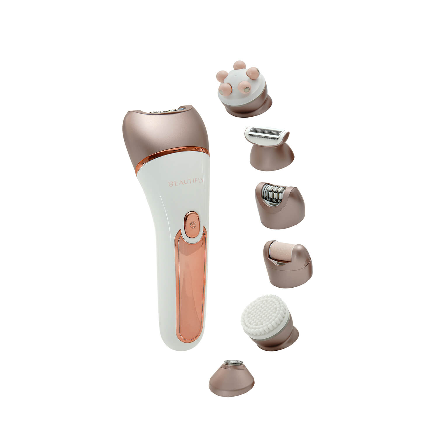 Biało-różowozłoty epilator Beautifly z sześcioma wymiennymi głowicami na białym tle.