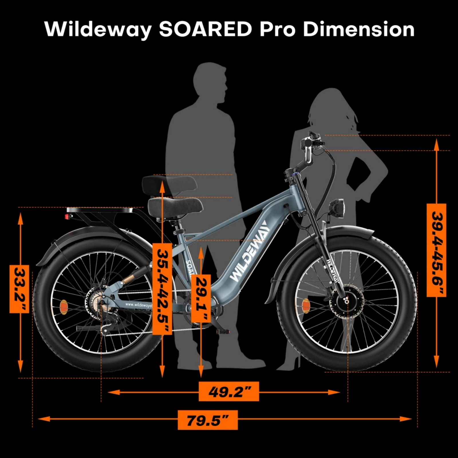 Diagram przedstawiający wymiary roweru elektrycznego Wildeway SOARED Pro z sylwetkami ludzkimi w tle.