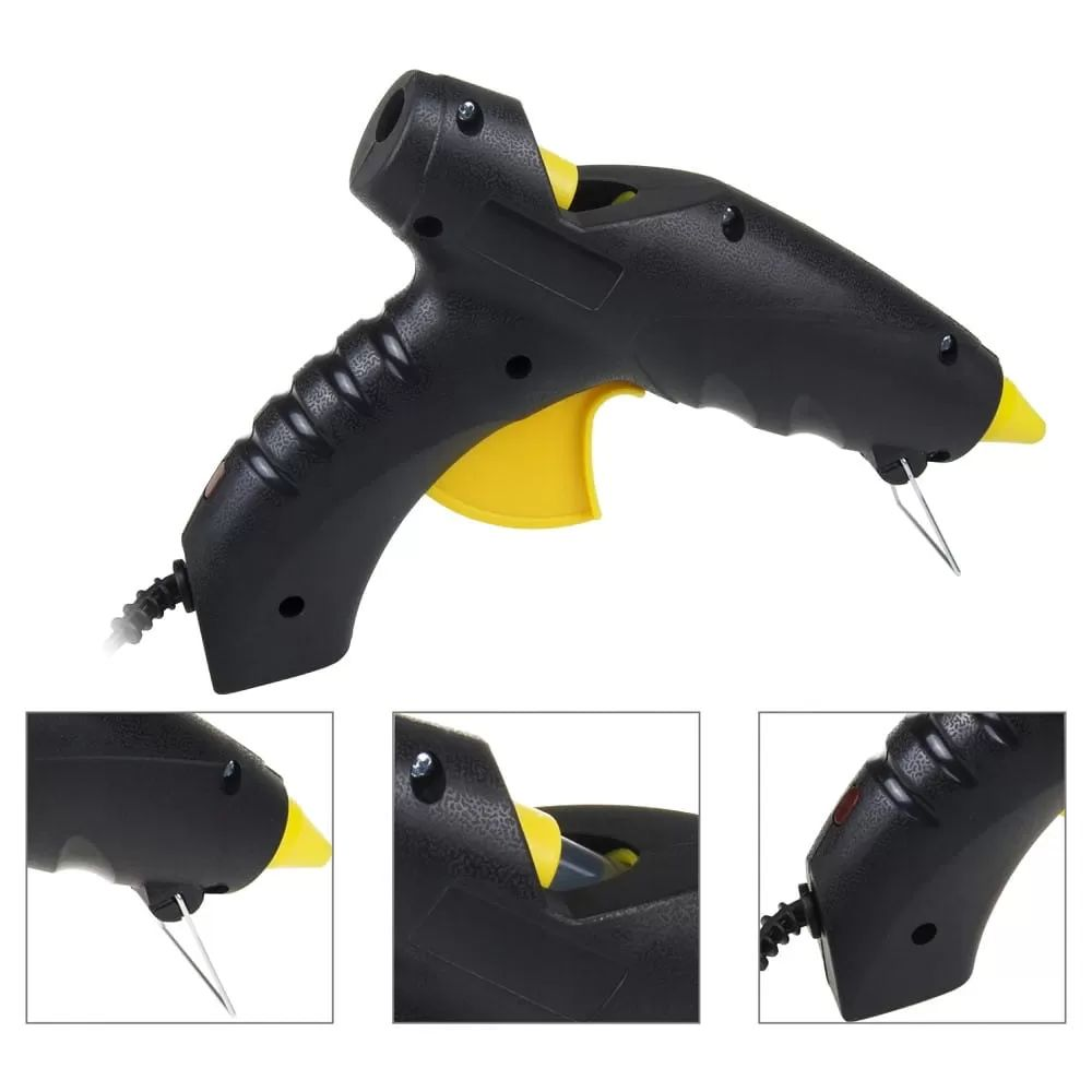 Schwarze Heißklebepistole mit gelbem Abzug und Düse, mit drei Detailansichten.