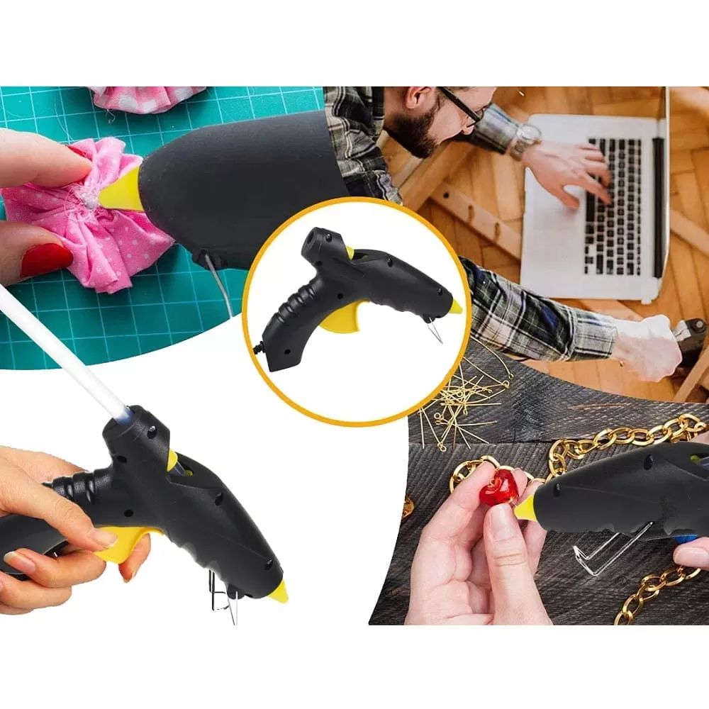 Eine schwarz-gelbe Heißklebepistole bei verschiedenen Bastelarbeiten, beim Kleben von Stoff und Schmuck.