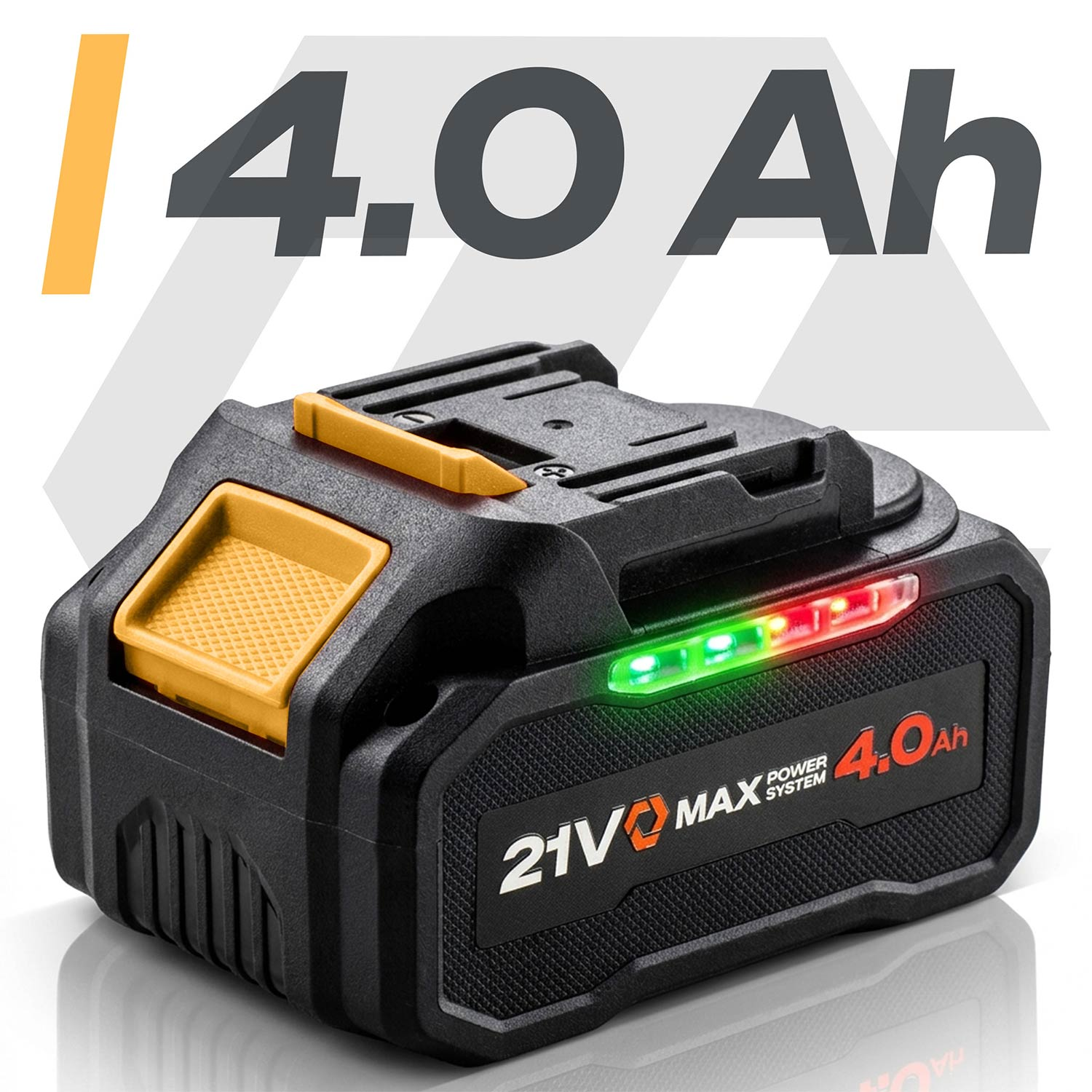Czarno-żółty akumulator 21V 4.0Ah ze świecącymi kontrolkami LED na jasnym tle.