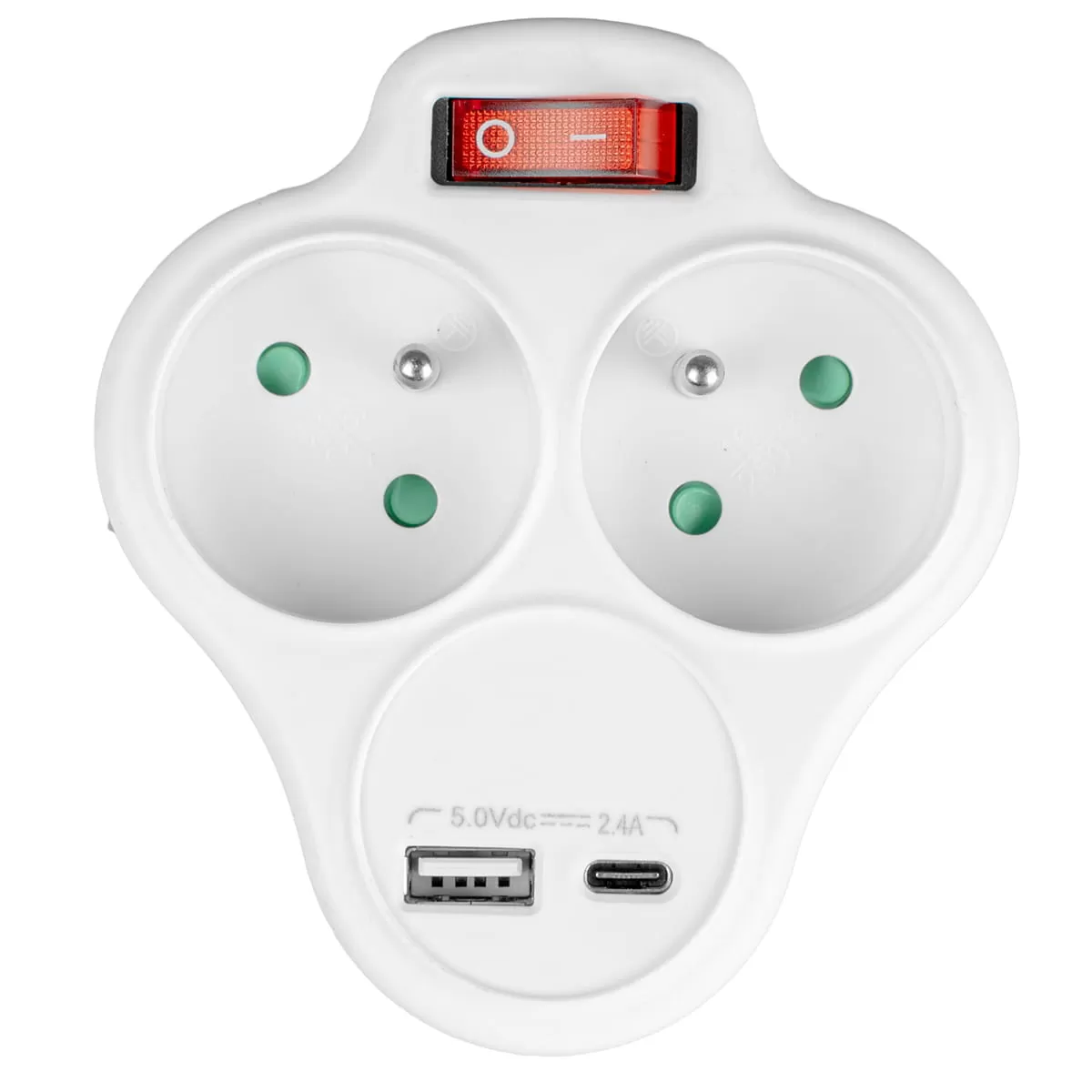 Fehér elosztó adapter két aljzattal, kapcsolóval, valamint USB-A és USB-C portokkal.