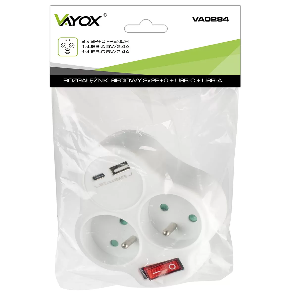 Csomagolt Vayox hálózati elosztó USB-A és USB-C portokkal műanyagban.