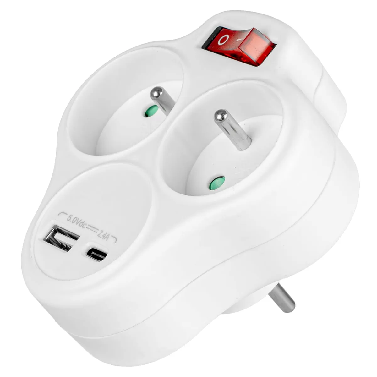 Fehér elosztó adapter két aljzattal, USB-portokkal és piros kapcsolóval.