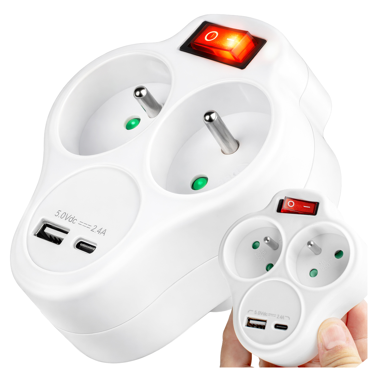 Fehér elosztó két aljzattal, USB-portokkal és piros kapcsolóval.