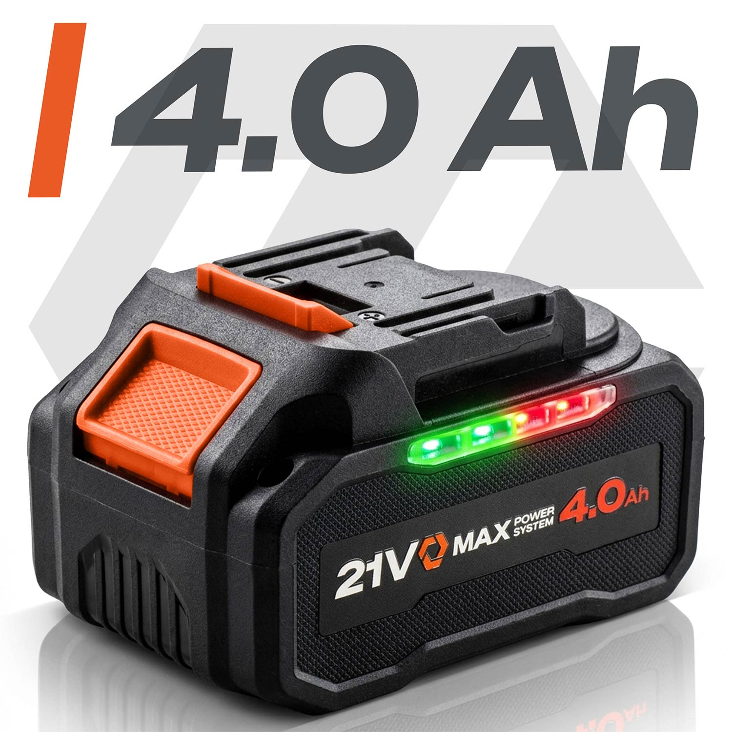 Czarno-pomarańczowy akumulator 21V 4.0Ah z zielono-czerwoną diodą LED na białym tle.