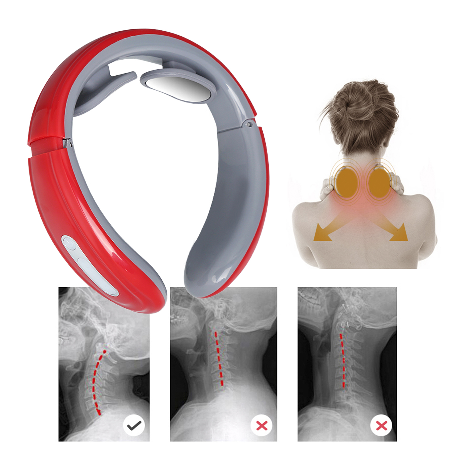 Masajeador de cuello rojo y gris con ejemplo de uso y radiografías de postura.