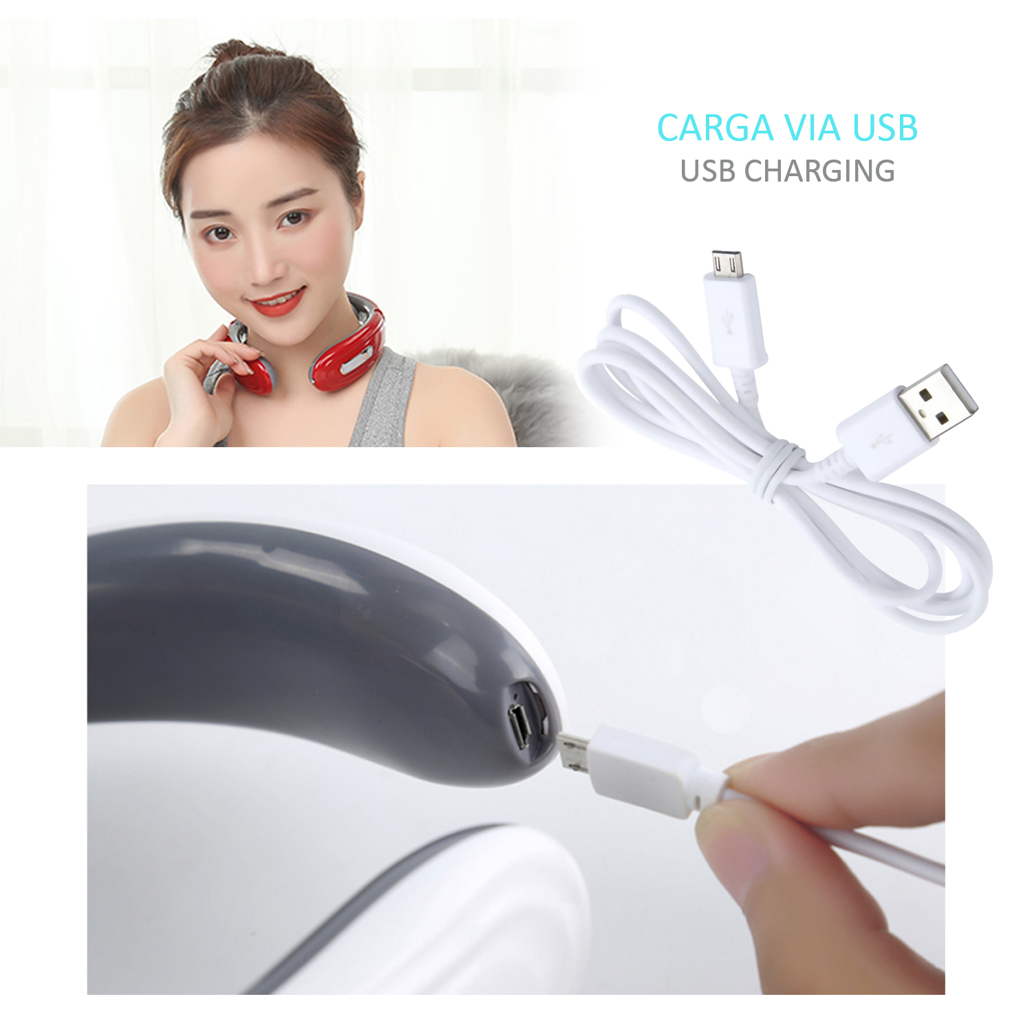 Mujer lleva un masajeador de cuello rojo mientras se conecta un cable USB.
