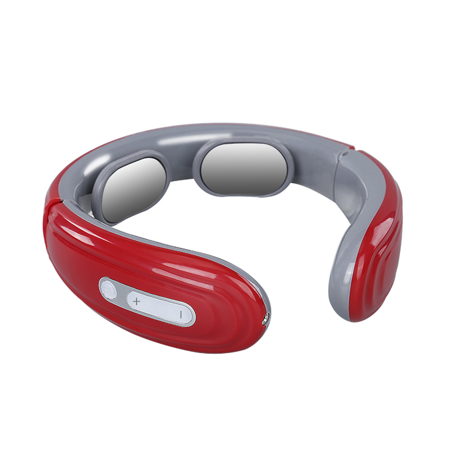 Un masajeador de cuello en forma de U rojo y gris con dos placas metálicas y botones.