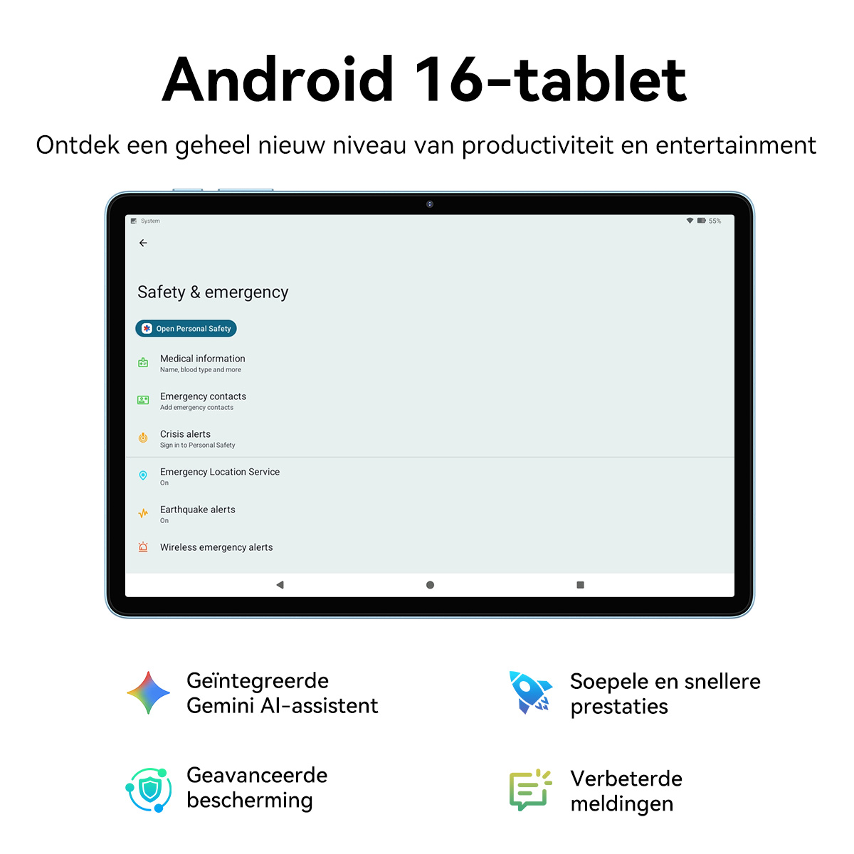 An Android 16 tablet displays safety and emergency settings, surrounded by features like Gemini AI.