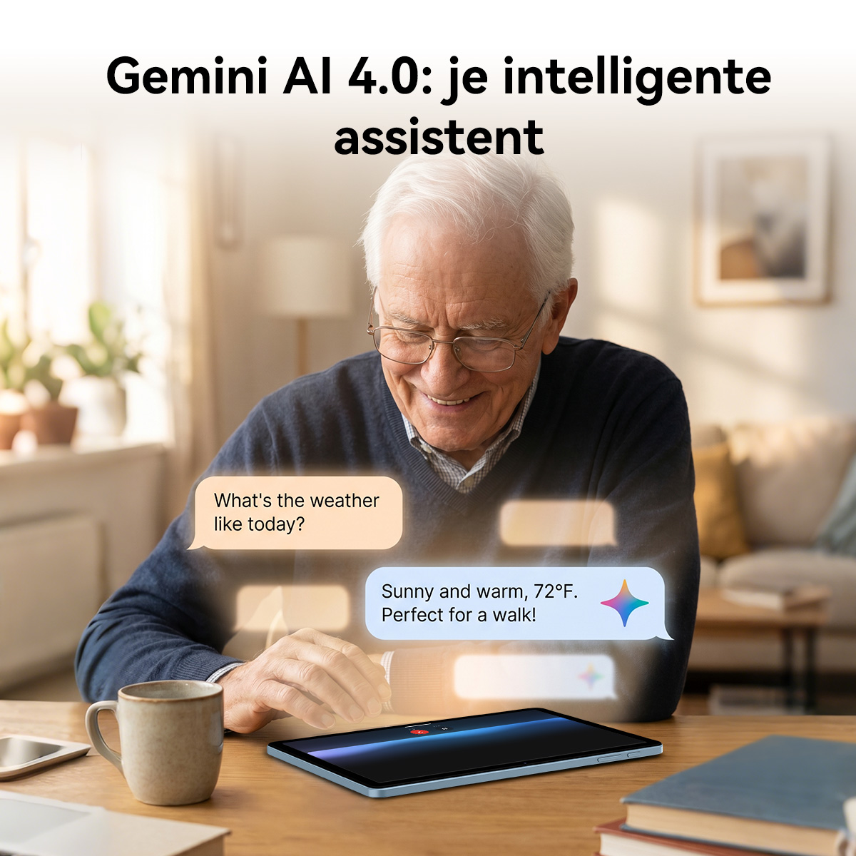 An elderly man uses a tablet at a wooden table with chat interface overlays.