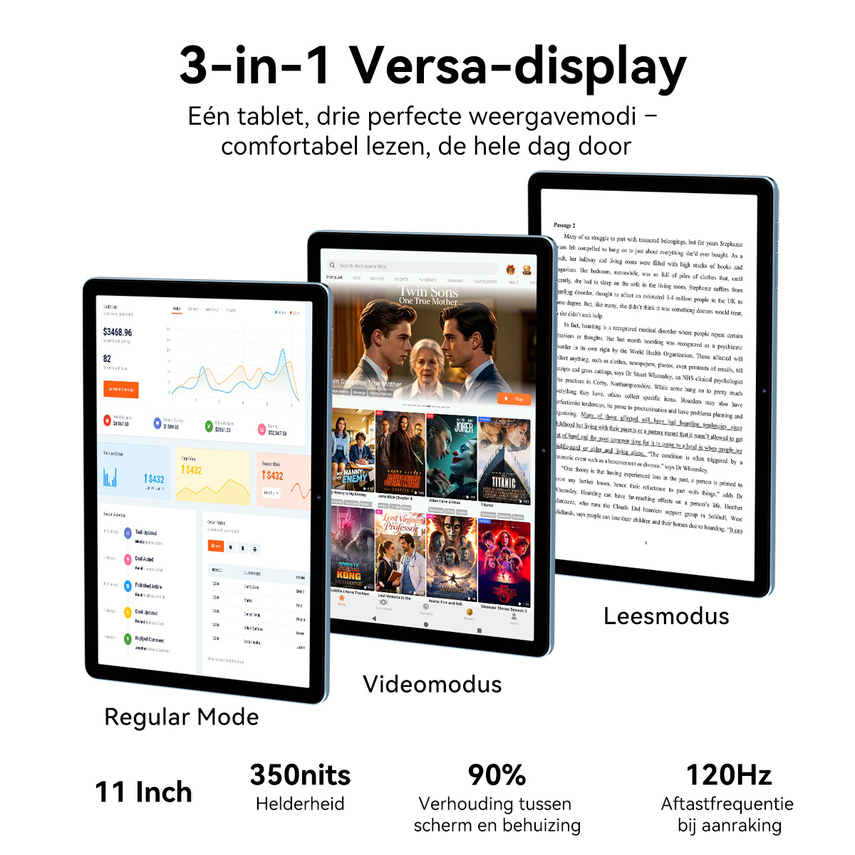 Three tablets display different modes like regular, video, and reading against a white background.
