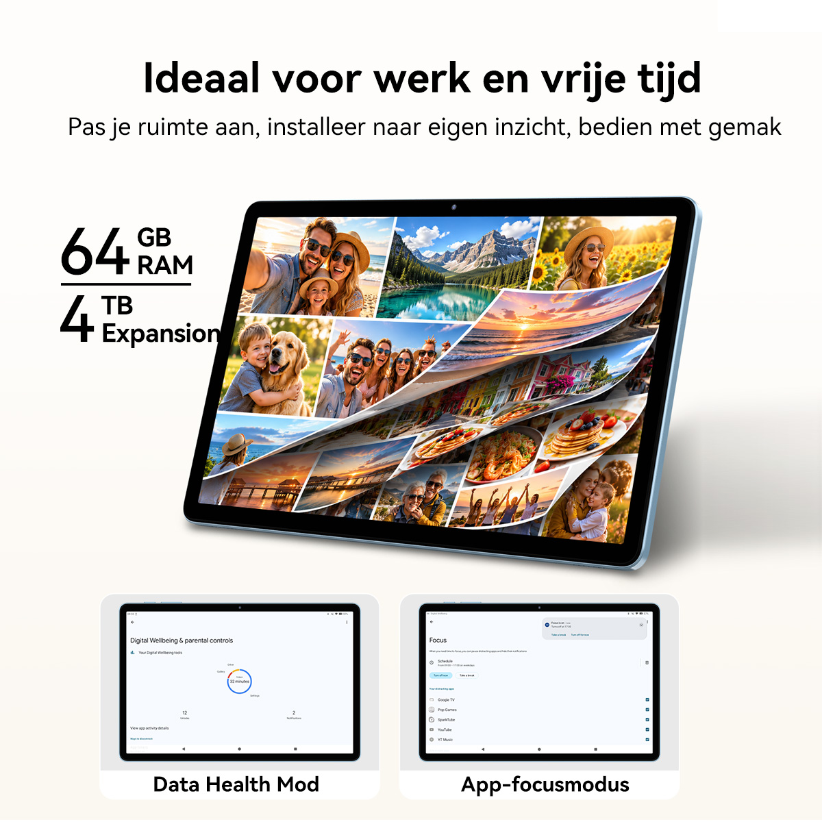 A tablet displaying multiple photos and UI screens for Digital Health and App Focus mode.