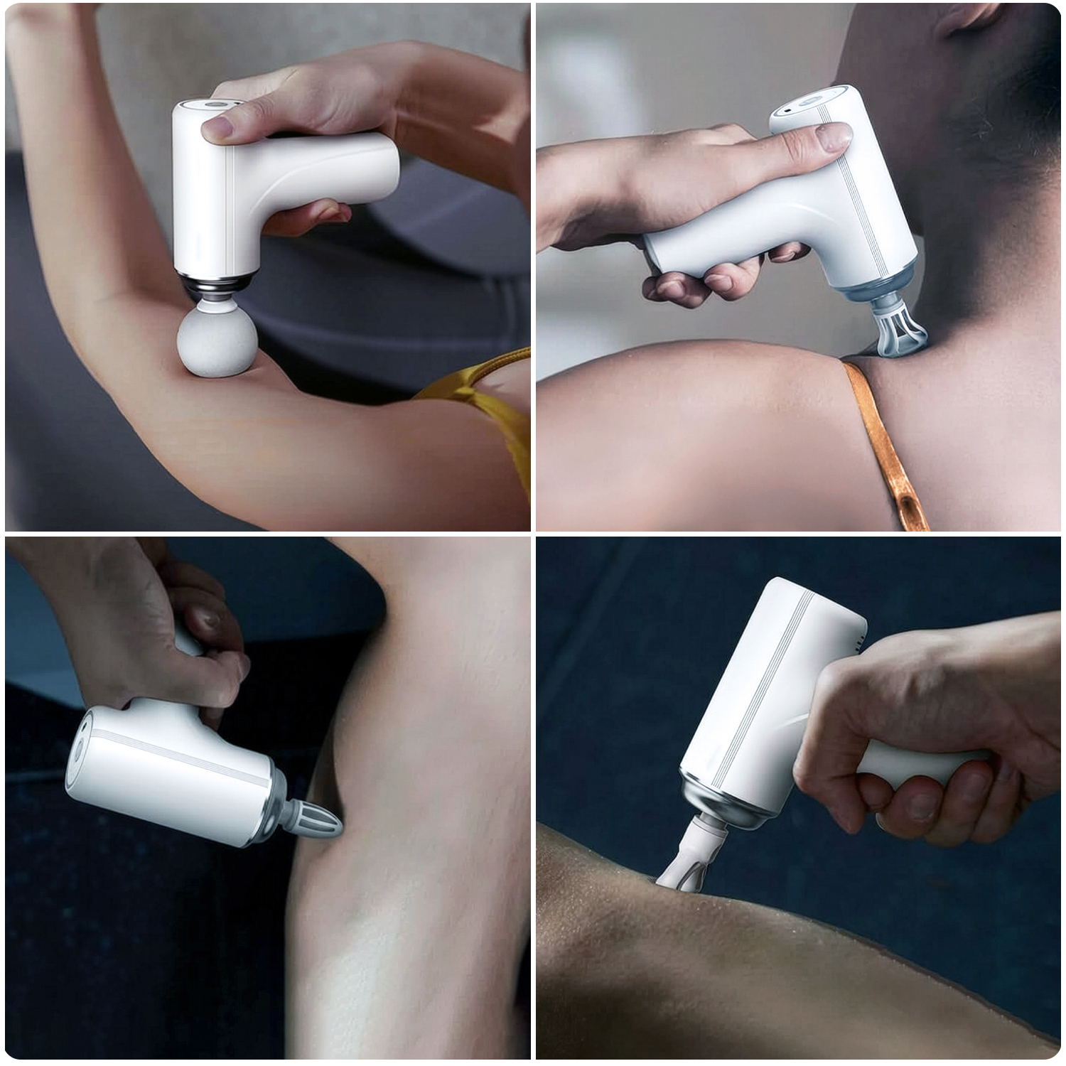 Cuatro imágenes muestran una mano usando una pistola de masaje blanca en el brazo, cuello, pantorrilla y muslo.