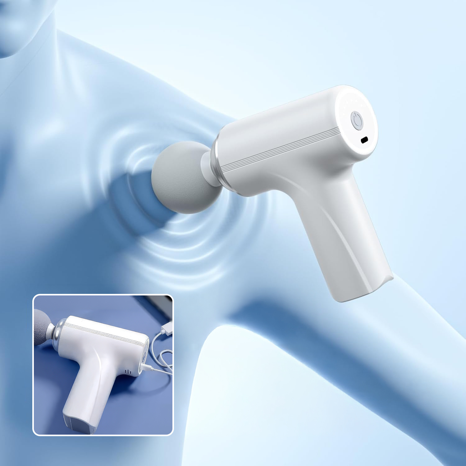 Una pistola de masaje blanca usada en el hombro de un maniquí azul, con un detalle cargando.