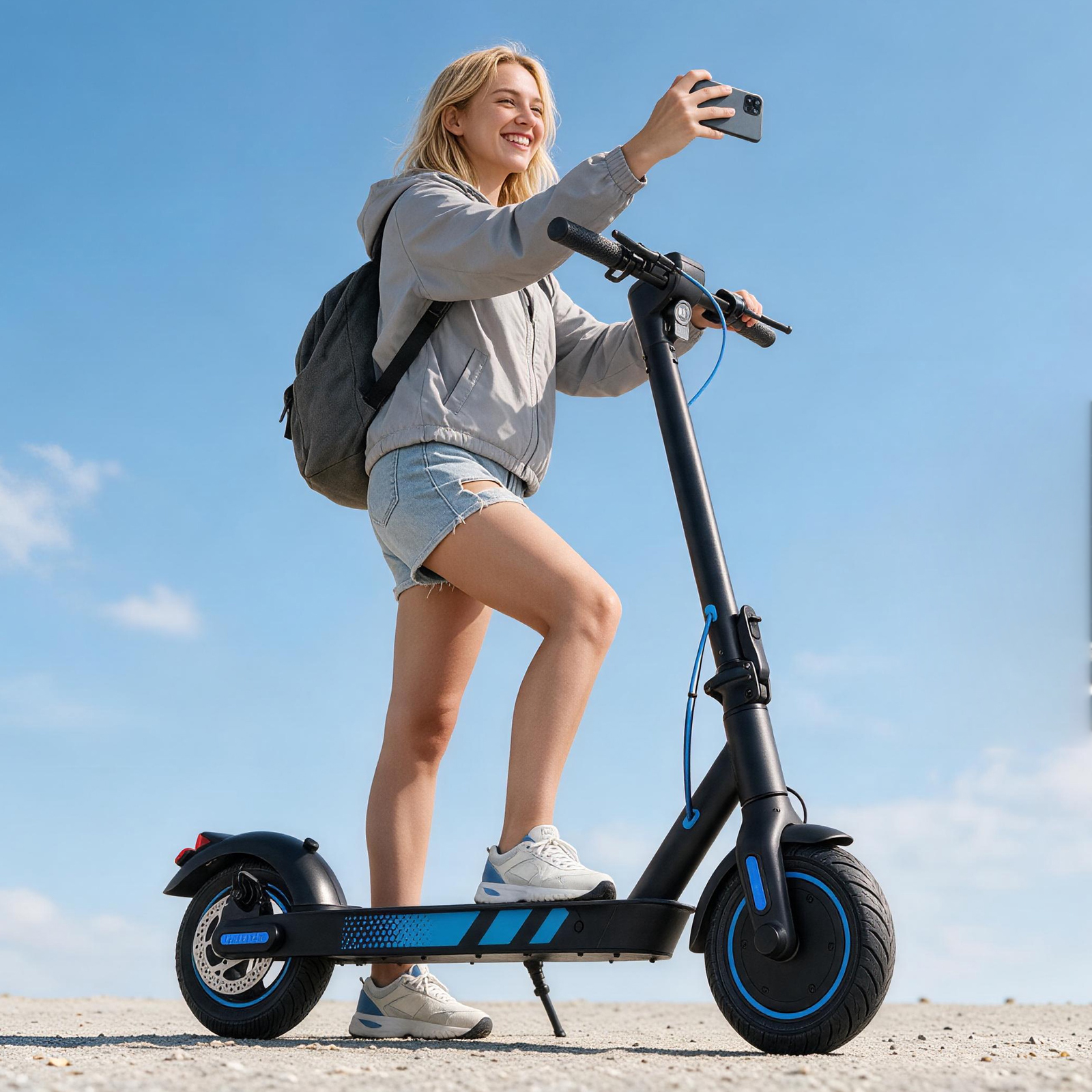 Blond kobieta na czarnej hulajnodze elektrycznej robi selfie na tle niebieskiego nieba.