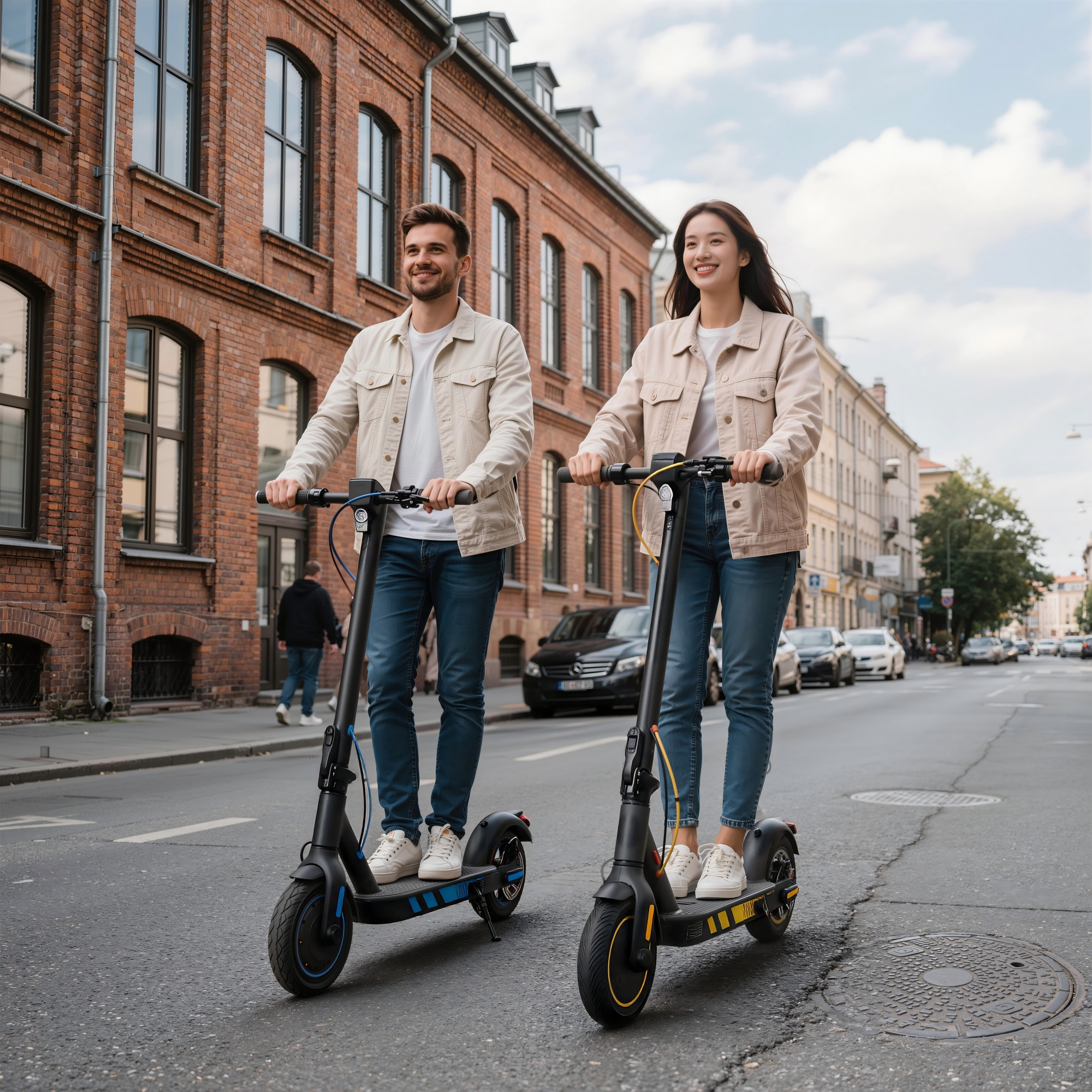 Młoda para jedzie na hulajnogach elektrycznych ulicą miasta przed budynkami z czerwonej cegły.