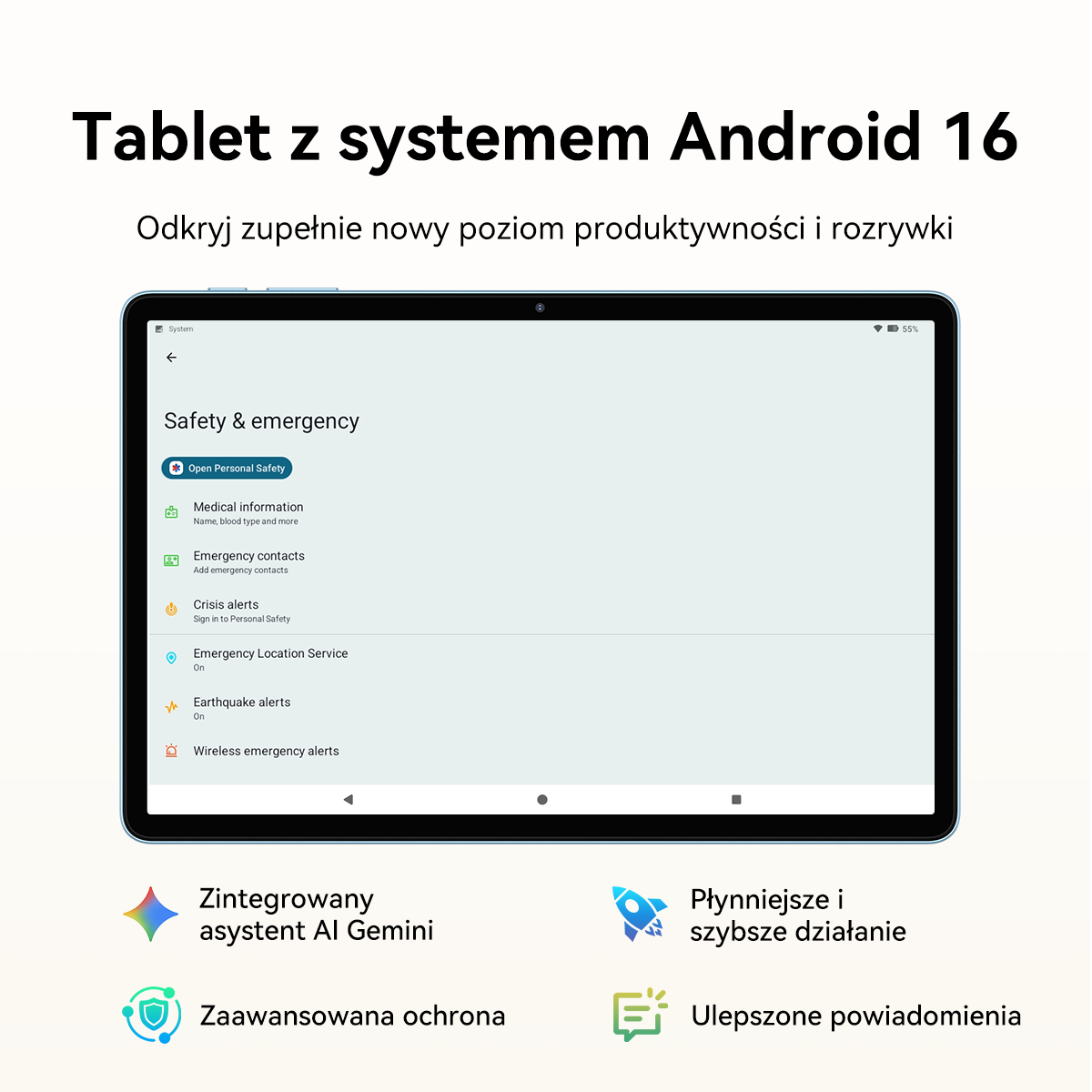Tablet wyświetlający ustawienia bezpieczeństwa i awaryjne, z polskim tekstem na górze i ikonami funkcji na dole.