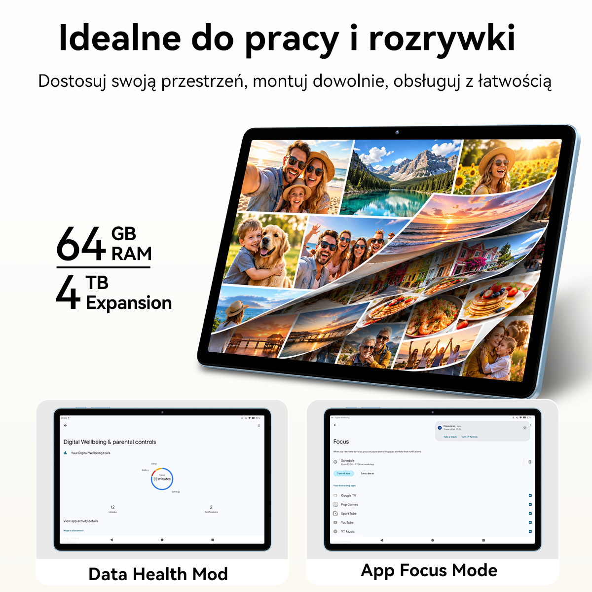 Tablet wyświetla kolaže zdjęć oraz ustawienia cyfrowego dobrego samopoczucia.
