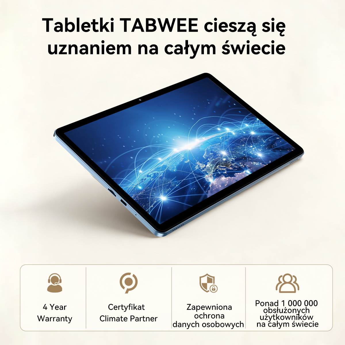 Niebieski tablet z grafiką kuli ziemskiej oraz czterema ikonami gwarancji.