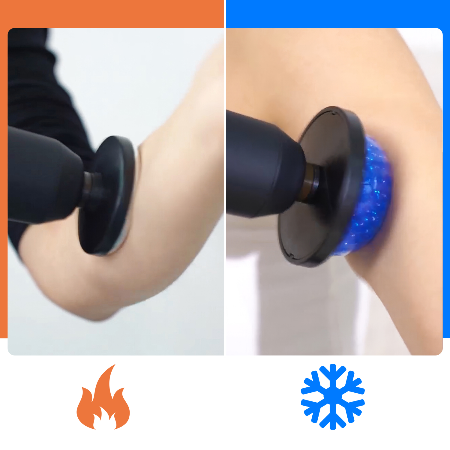 Comparación de dos accesorios de masaje: izquierdo con calor (icono de llama) y derecho con frío (icono de copo de nieve).