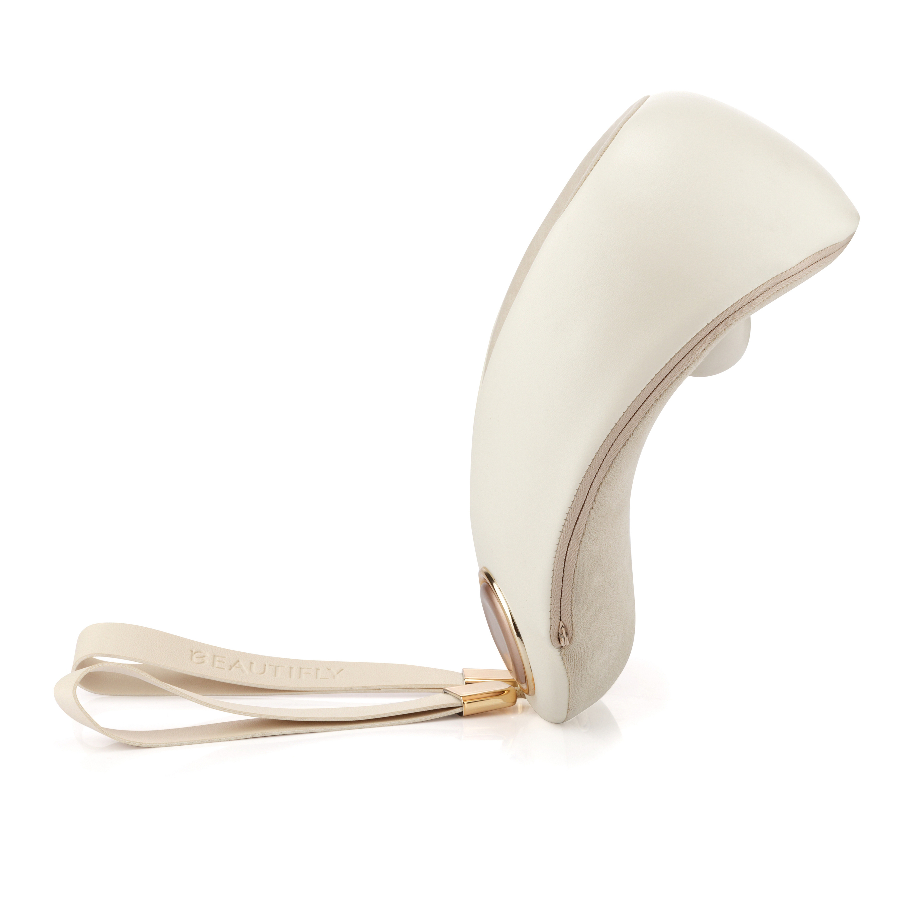 Ein weißes, gebogenes Massagegerät mit goldenen Details und einer Handschlaufe mit der Aufschrift BEAUTIFLY auf weißem Grund.