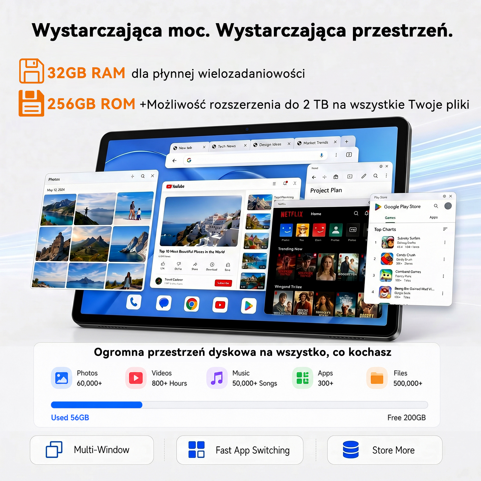Tablet z 32 GB RAM i 256 GB ROM wyświetla otwarte aplikacje i funkcje wielozadaniowości.