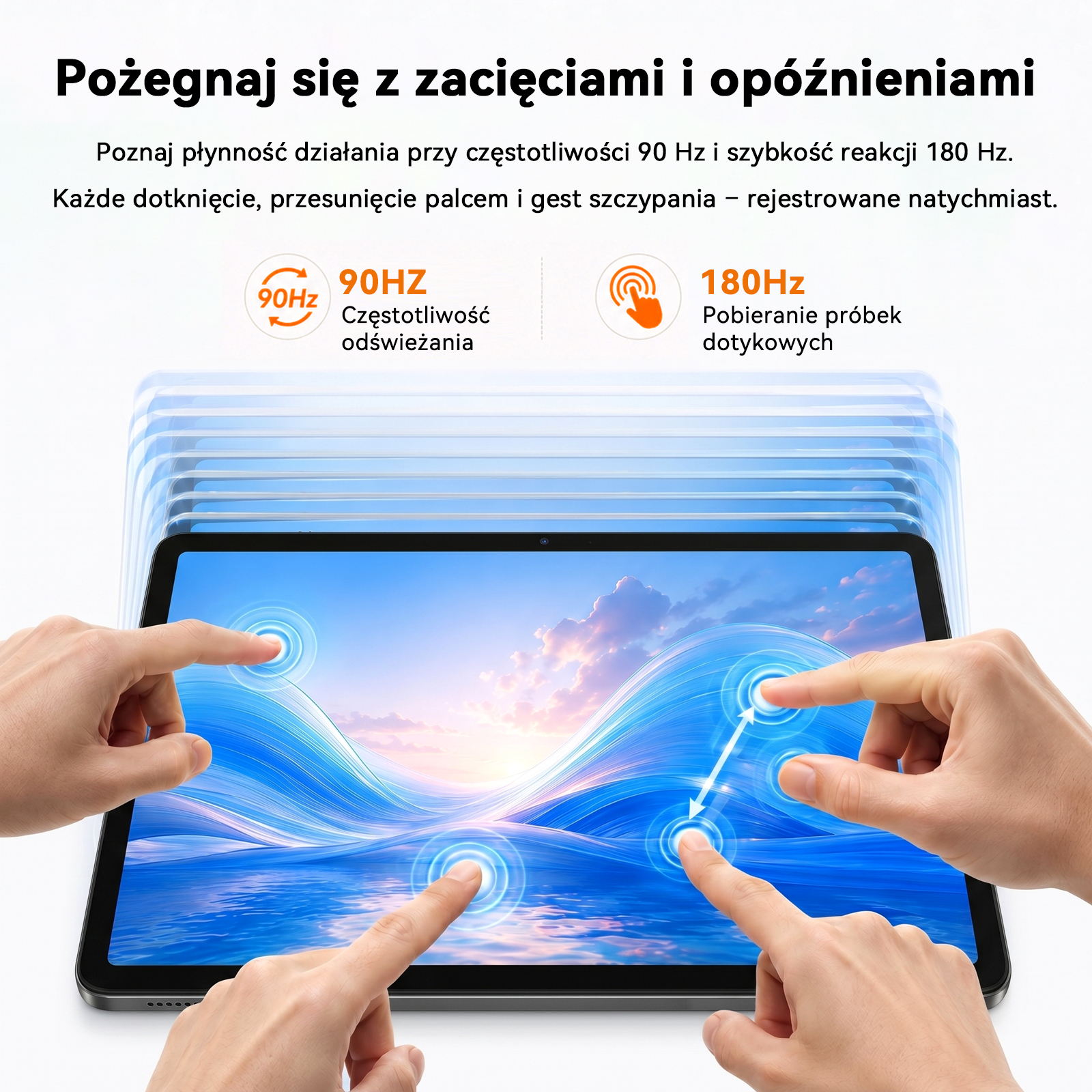 Tablet z falującym ekranem i dłońmi, podkreślający częstotliwość odświeżania 90 Hz i próbkowania dotyku 180 Hz.