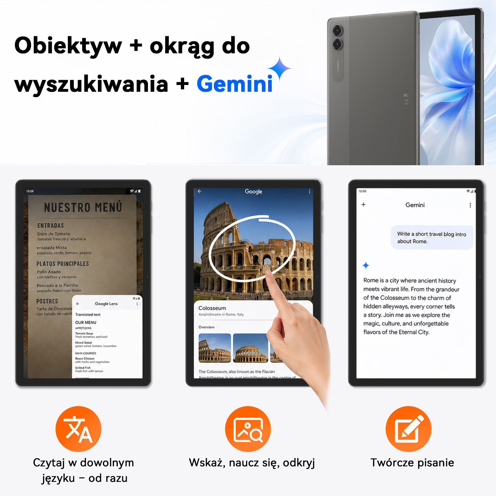 Tablety z funkcją tłumaczenia, wyszukiwania przez zakreślenie i pisania z Gemini.