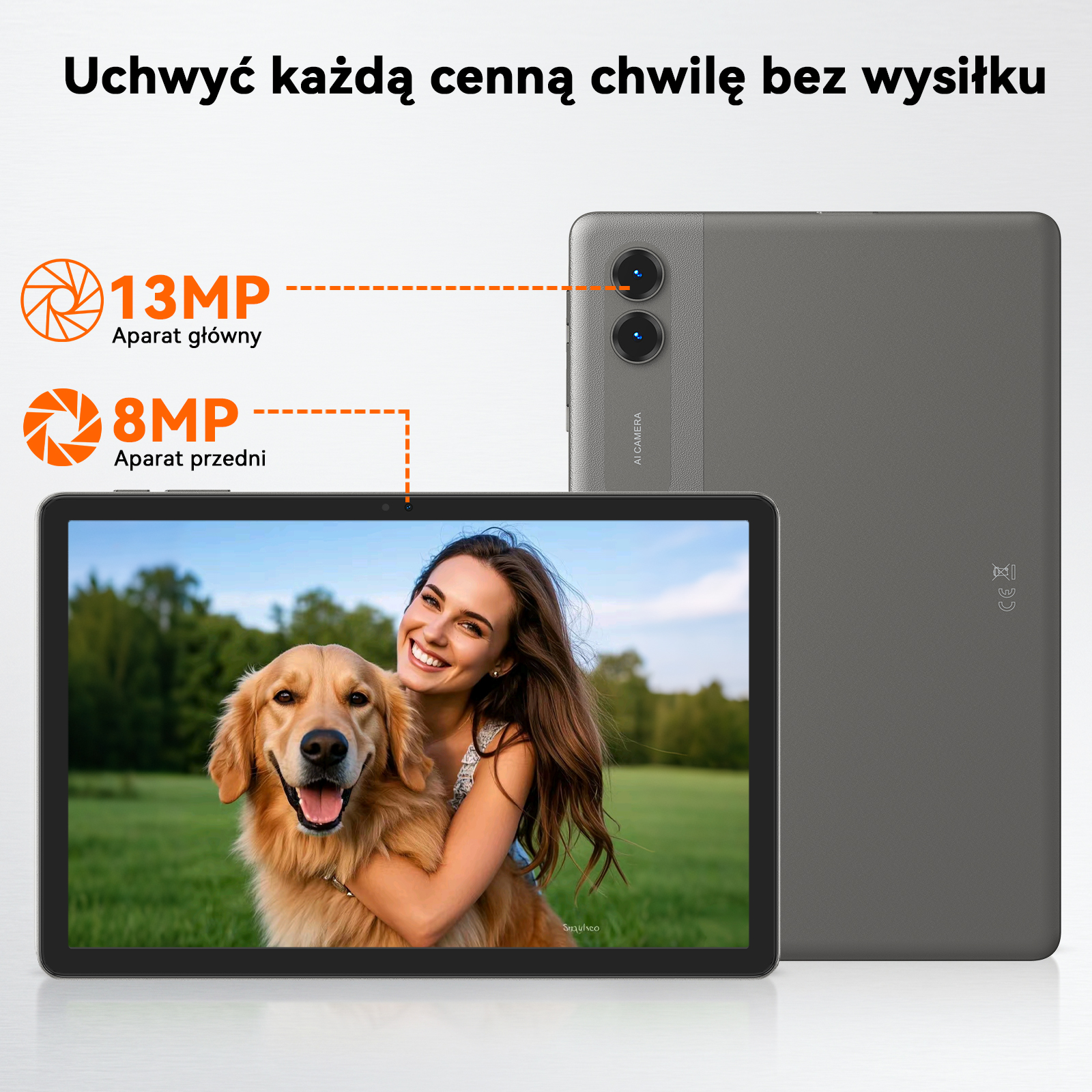 Szary tablet z detalami aparatu i wyświetlaczem pokazującym uśmiechniętą kobietę z psem.